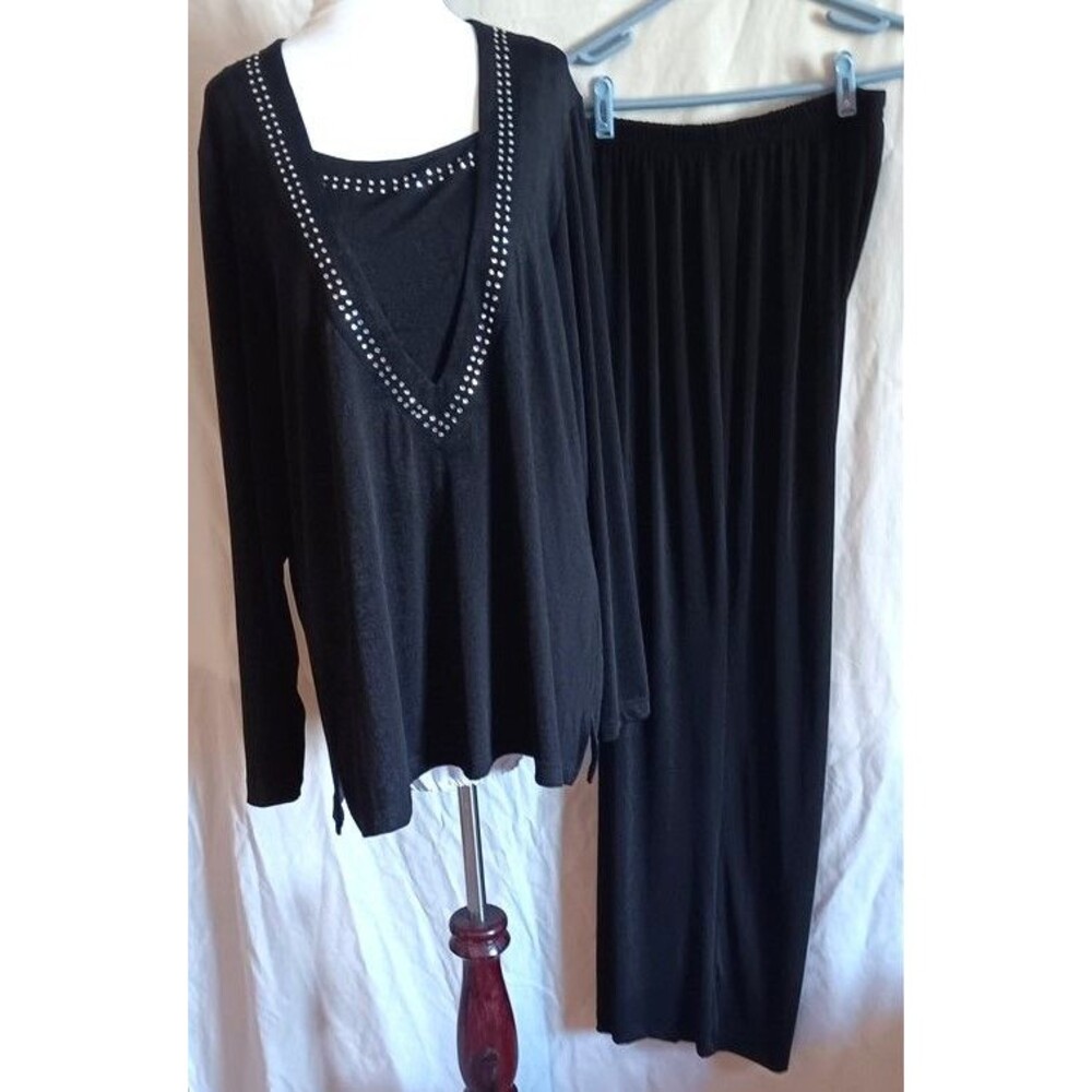 Quacker Factory 2 Pc Outfit Top & Pants L Black Rhinestone Trim Liquid Gold New